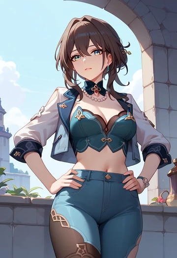 star rail,ruan mei,denim jacket,cropped,leather leggings  - AI generated anime art